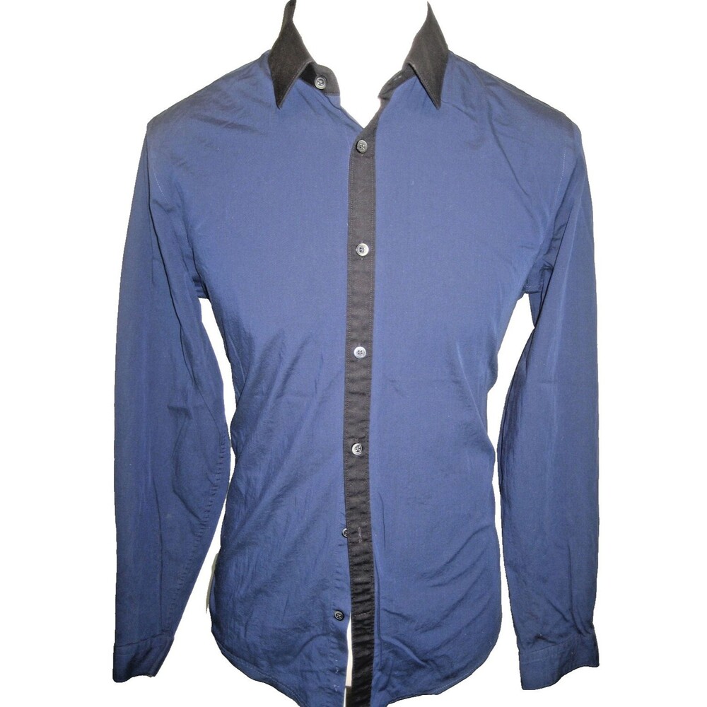 Mens Express Navy/Black LS Cotton/Spandex Fitted Casual Shirt sz Med